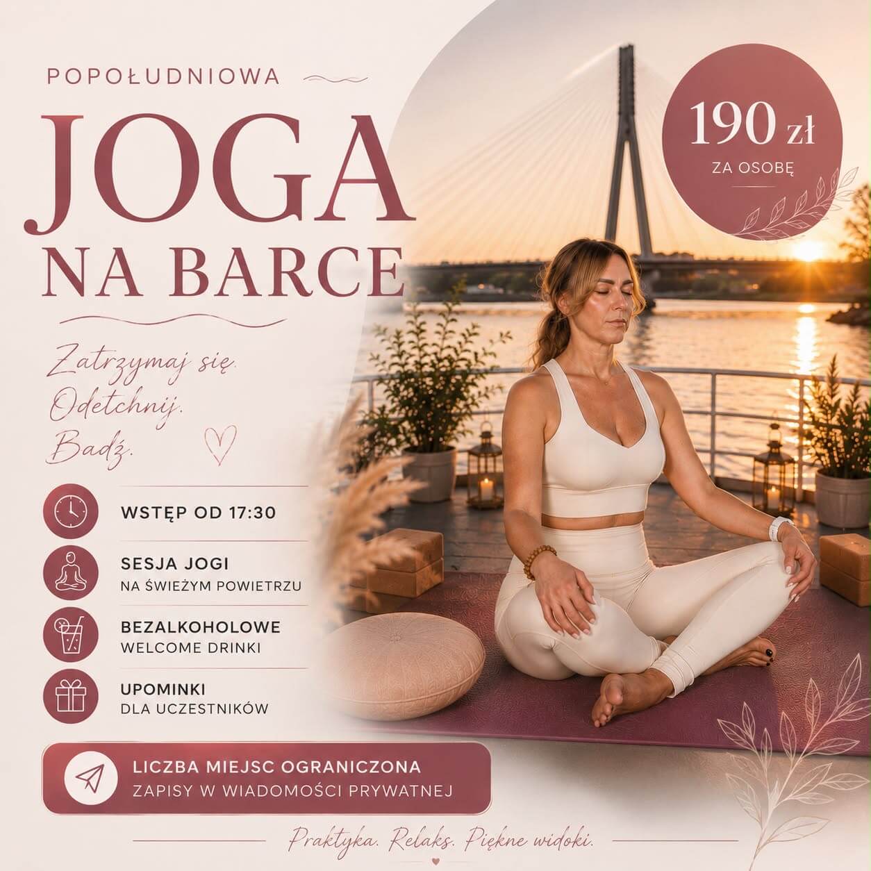 Plakat Popołudniowej Jogi na Barce – kobieta medytuje na pokładzie barki na Wiśle o zachodzie słońca; 190 zł, Warszawa